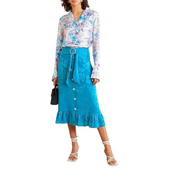 Art Dealer Floral Midi Skirt Silk Blend Satin Ruffle Hem Turquoise Size Medium - Picture 3 of 13